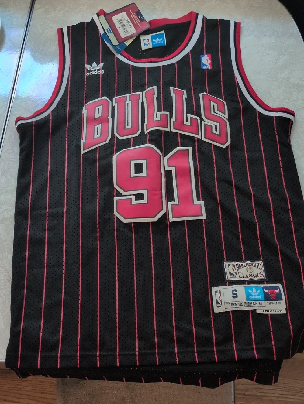 Dennis Rodman Adidas Black and Red Bulls #91 Hardwood Classics Jersey